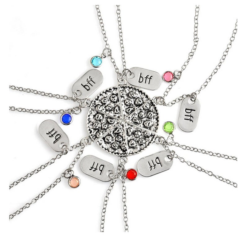 LUVI Fusicase 6pcs Set Bling Rhinestone Shiny Crystal Charm BFF Silver Friend Friendship Couple Pizza Metal Necklace(Best Friend Forever)